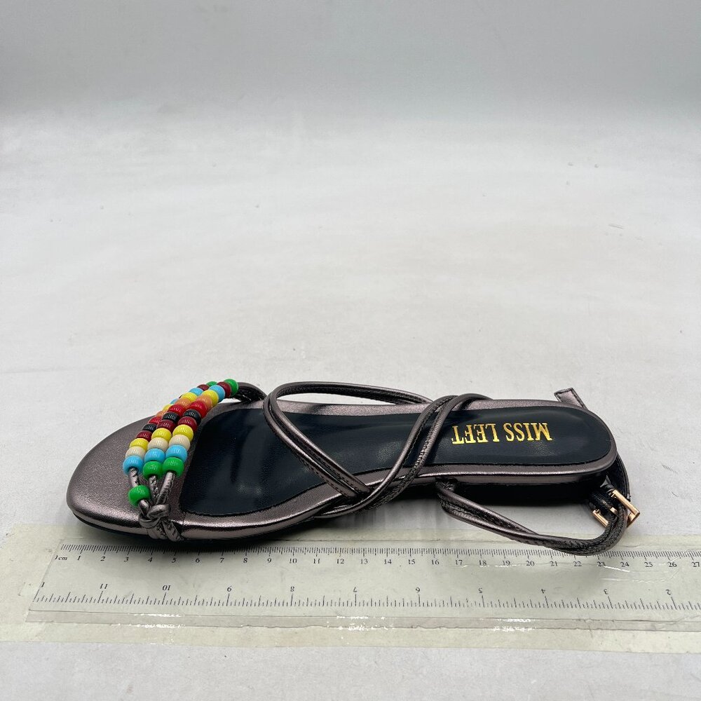 miss left Grey Beaded Flat Ankle Strap Open Toe Slide Sandals Lace up Beach Shoe